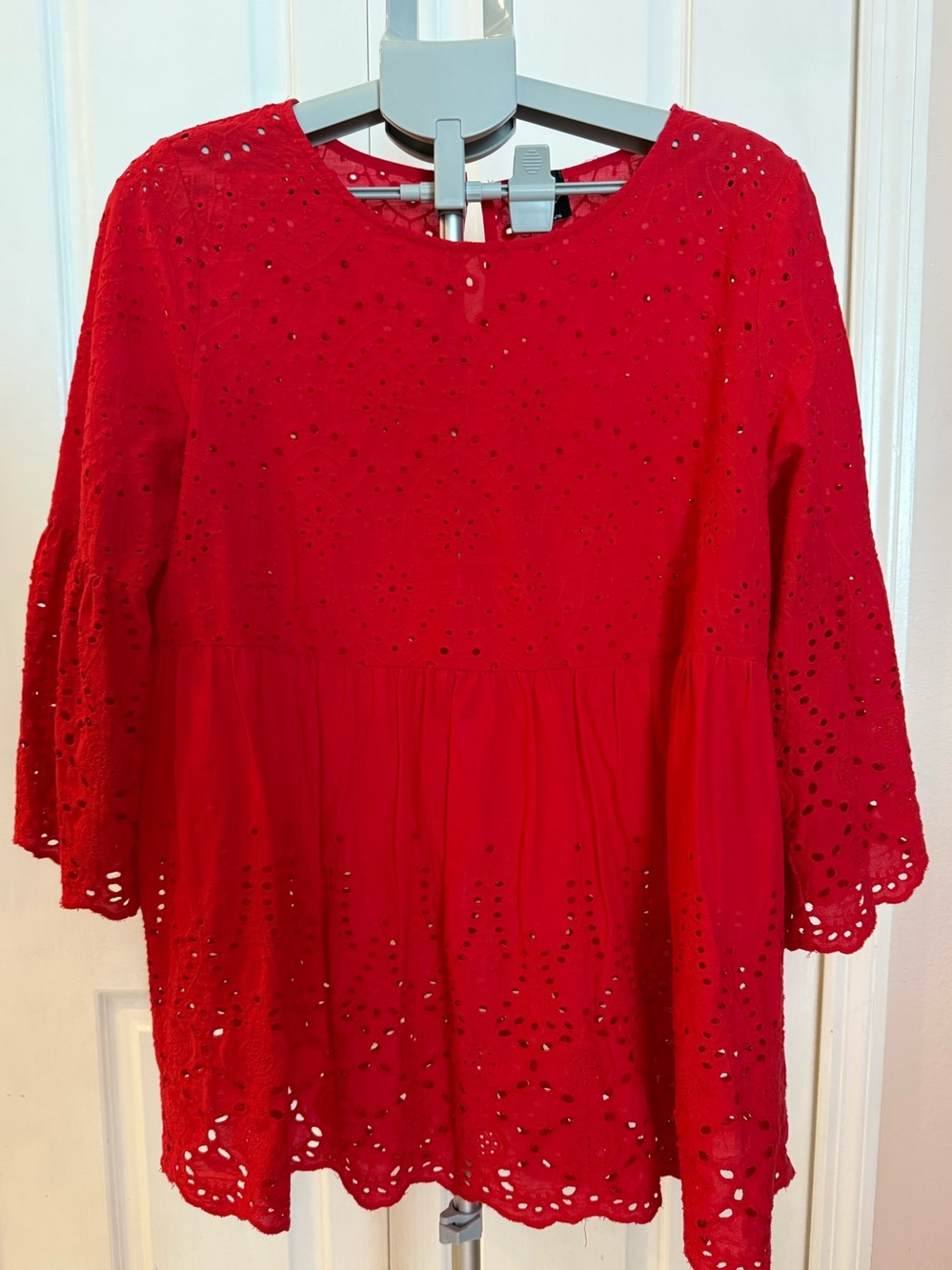 Vibrant Red Eyelet Peplum Top Women Size L Cottagecore Party